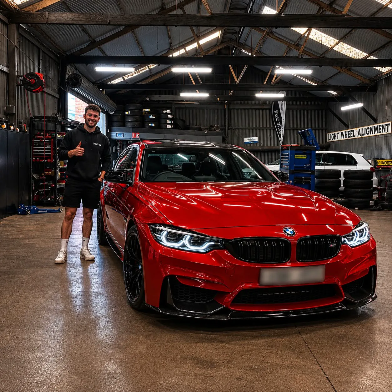 A technician working alongside a BMW M4 in the workshop
